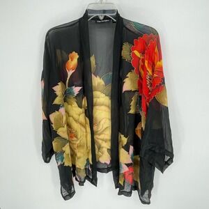 The Paragon Women's Black Floral 100% Silk Sheer Kimono Cardigan Size 2X